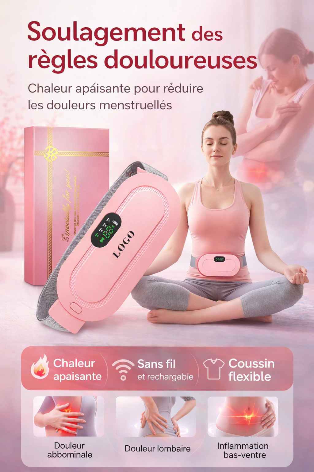 Ceinture de massage électrique rechargeable pour les règles, avec fonction de vibration et de chauffage pour soulager les maux de règles et garder la taille et l'abdomen au chaud. Cadeau pour les femmes